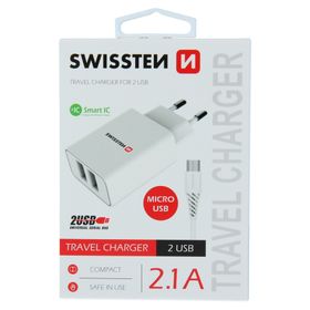 SWISSTEN Ładowarka Sieciowa Adapter Smart IC 2x USB 2,1A + Kabel MicroUSB 1,2 M biała