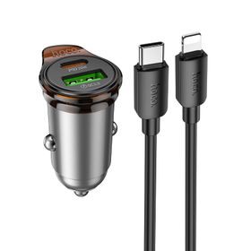 Ładowarka samochodowa Hoco USB A + USB C QC3.0 PD 3A 43W + kabel USB C do Lightning NZ16A szara