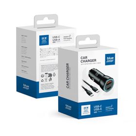 Ładowarka samochodowa Blue Star USB C + USB A QC3.0 PD AFC PPS 3A 25W + kabel USB C do USB C czarna