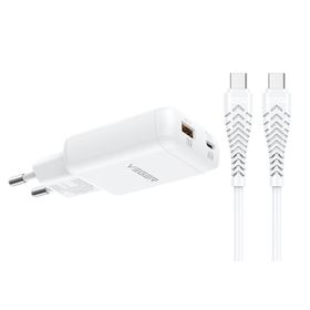 Ładowarka sieciowa do telefonu VEGER USB A + Typ C PD 65W + kabel Typ C do C 100W TR122 biała