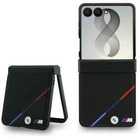 BMW futerał do SAMSUNG GALAXY Z FLIP 8 kompatybilny z MagSafe (Leather Perforated Tricolor Stripe Metal Logos) czarny