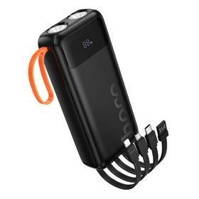 Powerbank Hoco 20000 mAh 2A z wbudowanymi kablami USB A + USB C + Lightning + Micro USB oraz podwójną latarką J151A czarny
