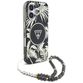 GUESS futerał do IPHONE 16 kompatybilny z MagSafe GUHMP16SHPCTPLSK (IML Palm Trees Triangle W/ Pearl Strap) czarny