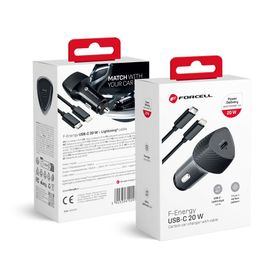 Ładowarka samochodowa Forcell F-Energy Carbon USB C QC3.0 PD 3A 20W + kabel USB C do Lightning CC50-1C czarna