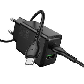 Ładowarka sieciowa do telefonu Hoco USB A + USB C QC3.0 PS AFC 3A 30W + kabel USB C do USB C N71 czarna
