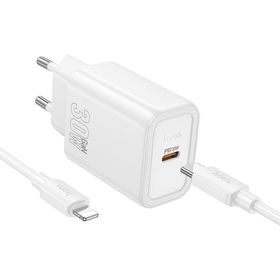 Ładowarka sieciowa do telefonu Hoco USB C QC PD 30W + kabel USB C do Lightning N62 biała