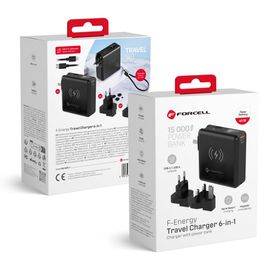 Wielofunkcyjna ładowarka Forcell F-Energy 6w1 USB A + USB C PD 45W + power bank 15000 mAh + ładowanie bezprzewodowe 15W czarna
