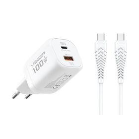 Ładowarka sieciowa do telefonu VEGER USB A + Typ C PD Super Charge PPS 100W + kabel Typ C do C 240W TR150 biała