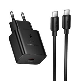 Ładowarka sieciowa do telefonu Hoco USB C QC PD 25W + kabel USB C do USB C N76 czarna