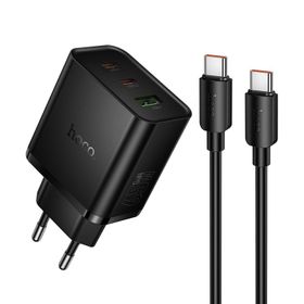 Ładowarka sieciowa do telefonu Hoco 2x USB C + USB A QC3.0 PD 3A 65W + kabel USB C do USB C N75 czarna