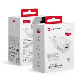 Ładowarka sieciowa do telefonu Forcell F-Energy Mini GaN III USB C + USB A QC4.0 PD 25W VT-25B biała 0INT