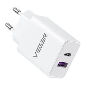 Ładowarka sieciowa do telefonu VEGER USB A + Typ C PD QC3.0 3,25A 65W TCE650 biała