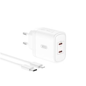 XO ładowarka sieciowa CE08 PD 50W 2x USB-C biała + kabel USB-C - Lightning