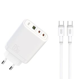 XO ładowarka sieciowa CE04 PD 65W QC 4 45W 1x USB 2x USB-C biała + kabel USB-C – USB-C