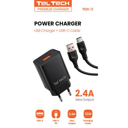 Teltech Ładowarka sieciowa DC01 USB + kabel USB - USB-C 2.4A 12W Czarny