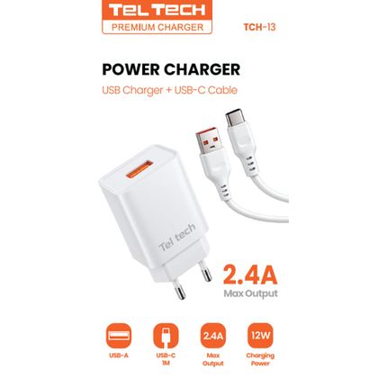 Teltech Ładowarka sieciowa DC01 USB + kabel USB - USB-C 2.4A 12W 1m Biały