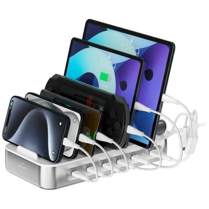 Stacja ładująca 4smarts Team 100W 5xUSB-C z zestawem 6 kabli srebrny
