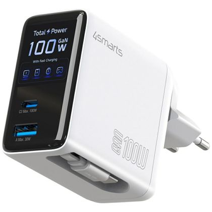 Ładowarka sieciowa 4smarts GaN Flex Screen AI 100W 2xUSB-C + USB-A biały