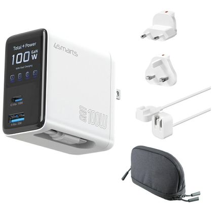 Ładowarka sieciowa 4smarts GaN Flex Screen AI 100W 2× USB-C + 1× USB-A Travel Edition biała