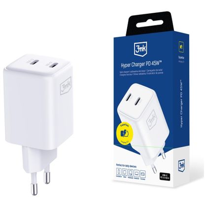 Ładowarka sieciowa 3MK Hyper Charger PD 45W GaN QC4+ PPS 2C Super-Fast Charge 2.0 biały