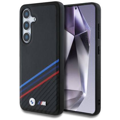 Etui BMW Leather Tricolor Crossing Stripes MagSafe do Samsung Galaxy S25 czarny