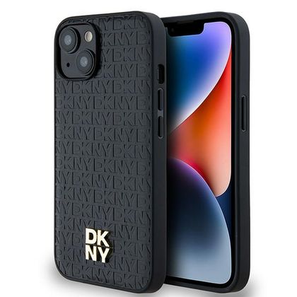 DKNY DKHMP14SPSHRPSK iPhone 14 / 15 / 13czarny/black hardcase Leather Monogram Pattern Metal Logo MagSafe