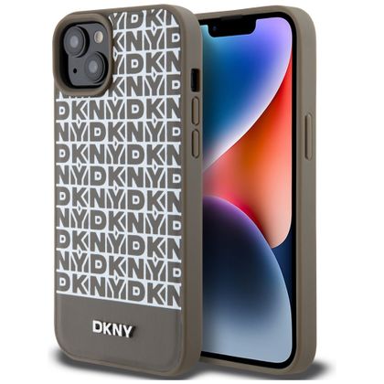 DKNY DKHMP15SPSOSPW iPhone 15 / 14 / 136.1" brązowy/brown hardcase Leather Printed Pattern Metal Logo MagSafe