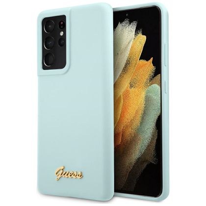 Guess GUHCS21LLSLMGLB S21 Ultra G998 niebieski/blue hardcase Silicone Script Metal Logo