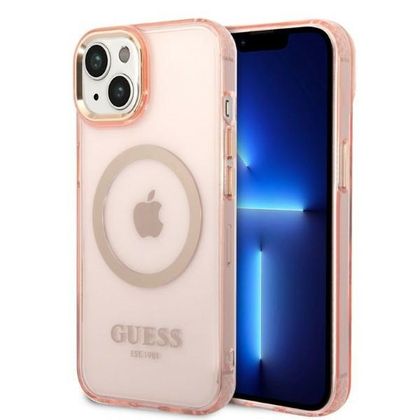 Guess GUHMP14MHTCMP iPhone 14 Plus / 15 Plus 6.7" różowy/pink hard case Gold Outline Translucent MagSafe