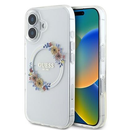 Guess GUHMP16SHFWFCT iPhone 16 przeźroczysty/transparent hardcase IML Flowers Wreath MagSafe