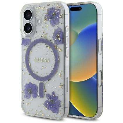 Etui Guess Resin Flowers Glitter MagSafe do iPhone 16 fioletowy