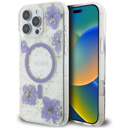 Etui Guess Resin Flowers MagSafe do iPhone 16 Pro Max fioletowy