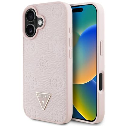 Etui Guess Grained Hot Stamp Peony Triangle Logo MagSafe do iPhone 16 różowy