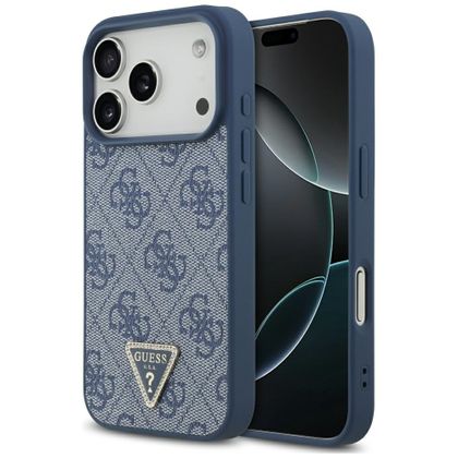 Etui Guess Leather 4G Triangle Strass MagSafe do iPhone 17 Pro / 18 Pro niebieski