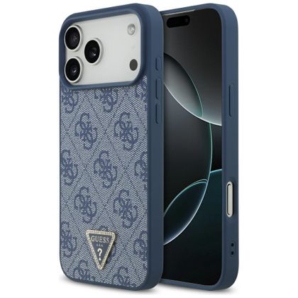 Etui Guess Leather 4G Triangle Strass MagSafe do iPhone 17 Pro Max / 18 Pro Max niebieski