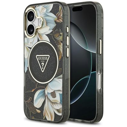 Etui Guess IML Glitter Flowers Triangle MagSafe do iPhone 17 czarny