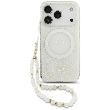 Etui Guess IML Flowers Electro Pearl Strap MagSafe do iPhone 17 Pro / 18 Pro biały