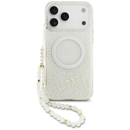Etui Guess IML Flowers Electro Pearl Strap MagSafe do iPhone 17 Pro Max / 18 Pro Max biały