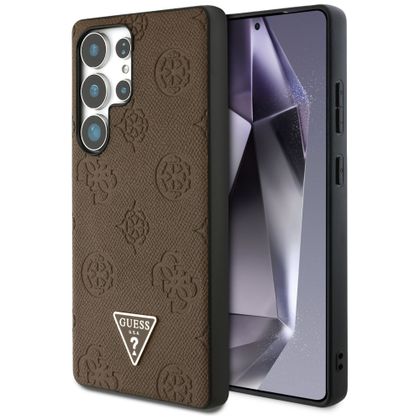 Etui Guess Grained Hot Stamp Peony Pattern Triangle Logo MagSafe do Samsung Galaxy S25 Ultra brązowy