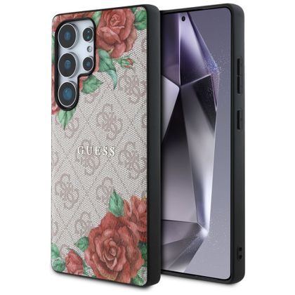 Etui Guess Leather 4G Flowers Print Metal Classic Logo MagSafe Samsung Galaxy S25 Ultra różowy