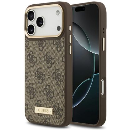 Etui Guess 4G Logo Plate MagSafe do iPhone 17 Pro Max / 18 Pro Max brązowy