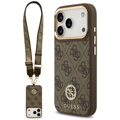 Etui Guess 4G Strass Logo & Big Strap Metal Buttons MagSafe do iPhone 17 Pro / 18 Pro brązowy