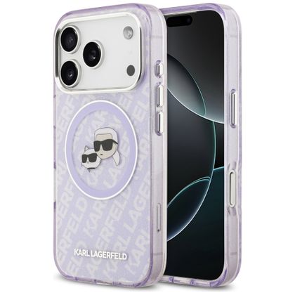 Etui Karl Lagerfeld IML Glitter Karl & Choupette Heads Logo MagSafe do iPhone 17 Pro Max fioletowy