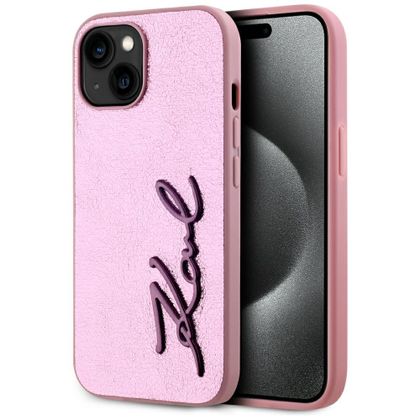 Etui Karl Lagerfeld Wrinkled Metal Signature do iPhone 15 różowy