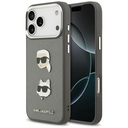 Etui Karl Lagerfeld FW Grained Karl & Choupette Heads Pins & Logo do iPhone 17 Pro Max / 18 Pro Max szary