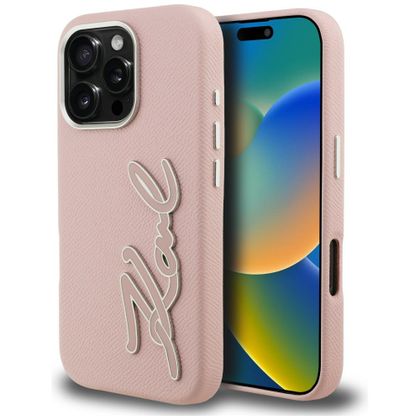 Etui Karl Lagerfeld FW Grained Signature Logo do iPhone 16 Pro różowy