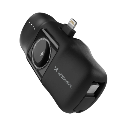 Mini powerbank Wozinsky WF16-YLS 5000mAh 15W Lightning z wbudowanym kablem USB-C i ładowarką do Apple Watch - czarny