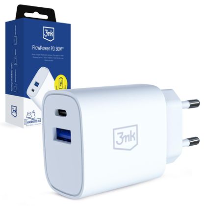 3mk Ładowarka sieciowa FlowPower 30W PD3.0 QC4 USB-A + USB-C Biała