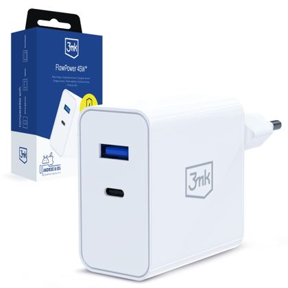 3mk Ładowarka sieciowa FlowPower 45W PD3.0 QC4 USB-A + USB-C Biała