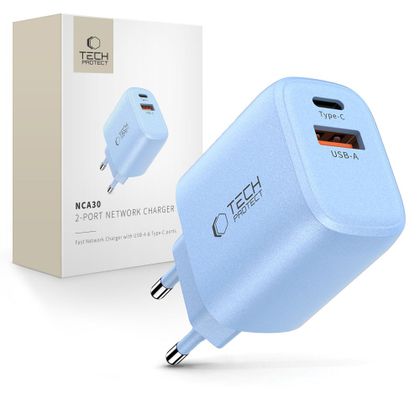 TECH-PROTECT NCA30 2-PORT NETWORK CHARGER PD 30W / QC3.0 BABY BLUE